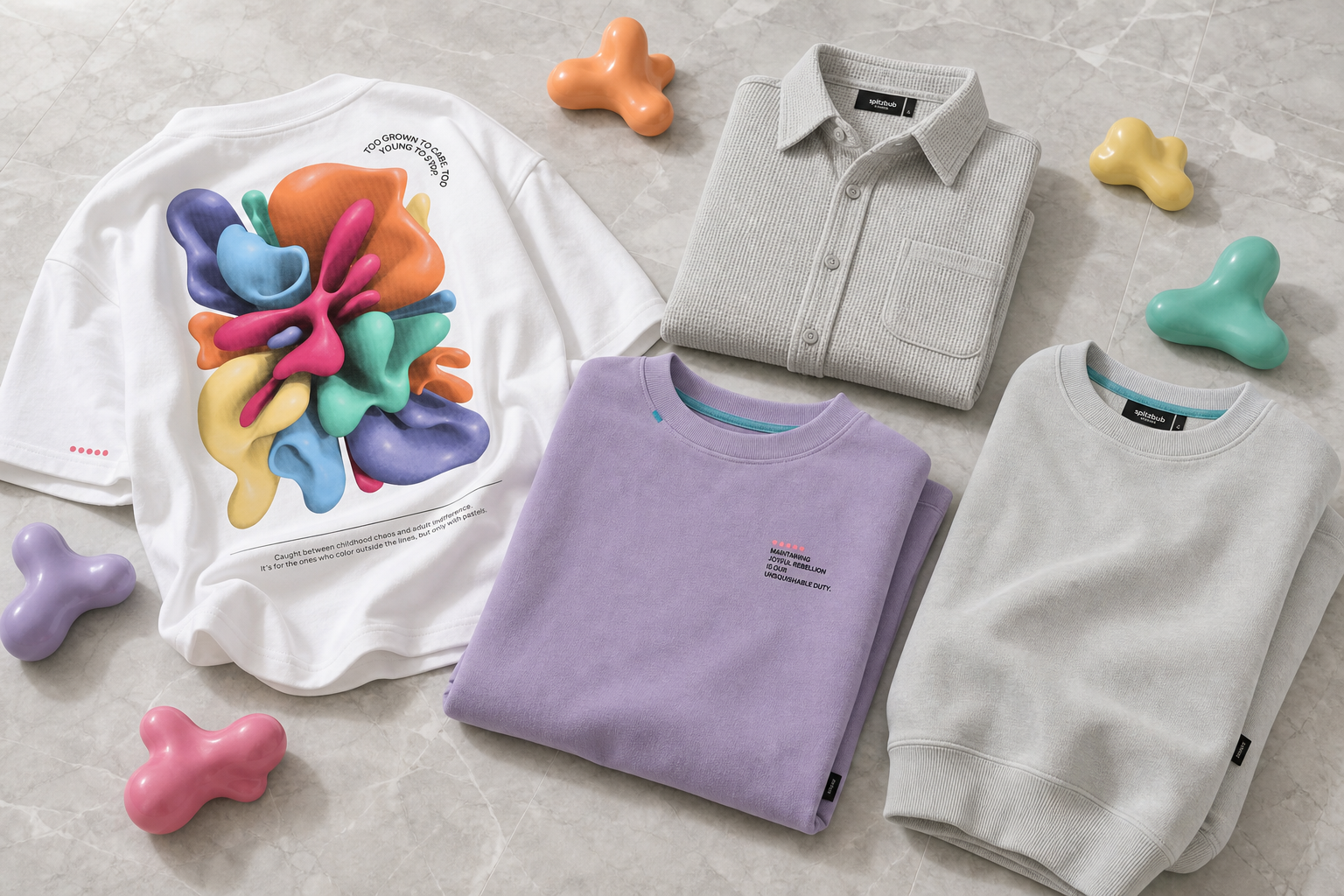 Playful Paradox Kollektion — Shirt Squishy, Waffleshirt Grey, Shirt Lilac und Sweatshirt Glacier Grey drapiert auf Marmorboden